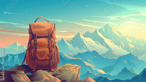 backpack on a background of mountains, illustration, drawing, hike, tourism, tourist, camping, wildlife, postcard, forest, hiking, trees, equipment, bag photo