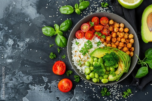 Rice avocado tomato chickpea Buddha bowl recipe Top view with free space