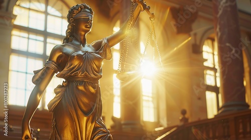 Statue of Lady Justice in Sunlit Courtroom