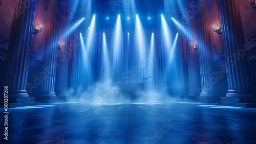 Blue spotlights shining on an empty stage for virtual event entertainment background. Concept Virtual Events, Stage Setup, Entertainment, Lighting Design, Blue Spotlights photo
