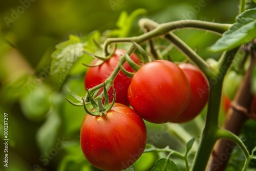 Ripe red tomatoes on vine in UK garden
