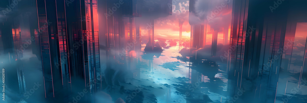 A realistic photograph depicting an ultramodern city with sharp, geometric buildings bathed in the soft glow of sunset, using a color palette of deep blues and fiery reds