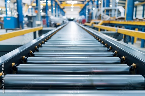 Roller conveyor in automatic manufacturing line for transporting goods in industry photo