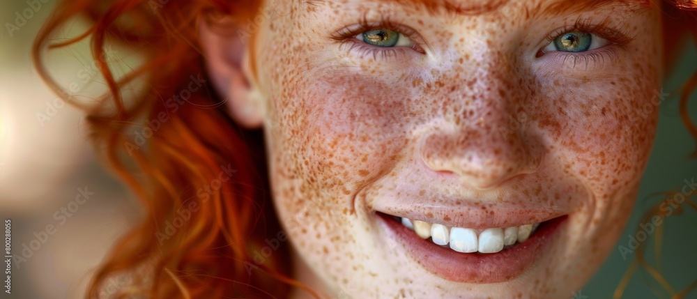 Close-up of a smiling young woman with red hair and freckles Close-up of a smiling young woman with red hair and freckles
