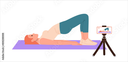 Woman trainer cartoon character streaming online class of yoga recording video on smartphone