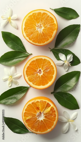 Fresh orange slices with blooms and green leaves on white background, vibrant and refreshing scene