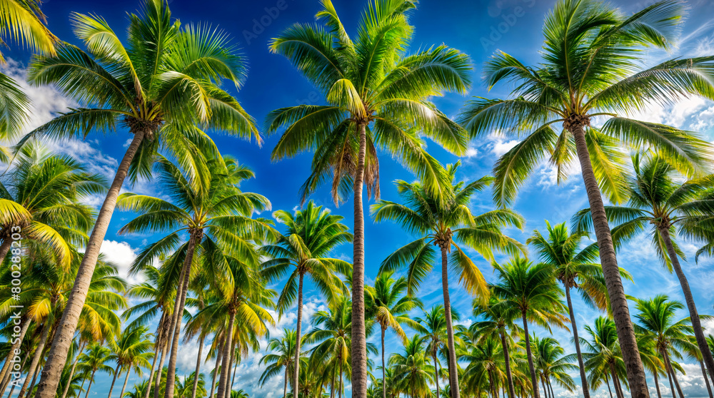 Stroll beneath towering palm trees on a sunny beach. Clear blue sky adds to the tropical paradise vibe. Ideal for travel ads, websites, or promoting summer getaways.