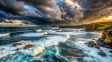 Majestic stormy seascape at dusk where untamed waves meet a tempestuous sky, ideal for themes of natural power in book covers, evocative travel brochures, dramatic wall art, or environmental articles