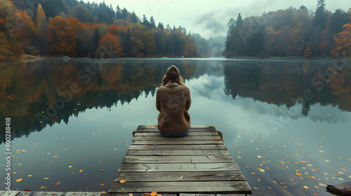 Woman sitting on a dock at a lake in autumn back view looking toward the forest and reflecting on the calm water of the lake during the fall season photo