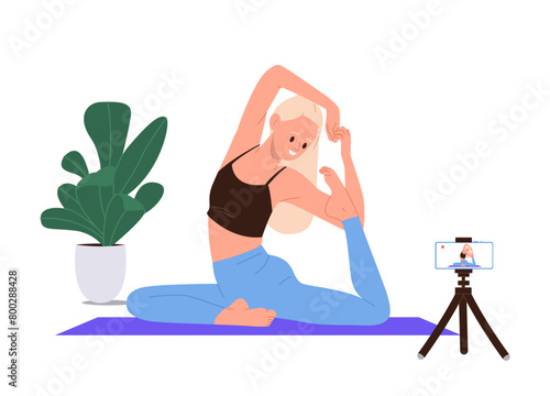 Young woman yoga trainer or pilates coach cartoon character providing home training online