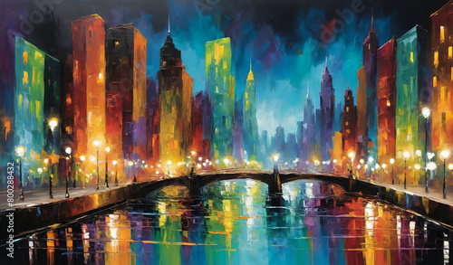 Paint an abstract city scene at night, with colorful lights and reflections. Use oil paints to create bold