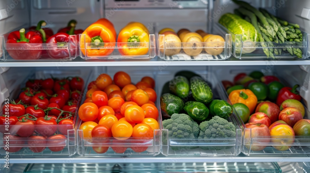 Fresh, colorful fruits and vegetables neatly arranged in a refrigerator. generative ai