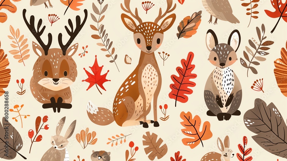 Woodland animals vector pattern, seamless, earthtoned background, cozy magazine cover style, eyelevel shot Woodland animals vector pattern, seamless, earthtoned background, cozy magazine cover style, eyelevel shot