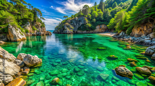 A tranquil bay with crystal-clear azure waters  flanked by lush greenery and rocky outcrops  perfect for travel brochures  nature blogs  relaxation themes  and eco-tourism marketing. 