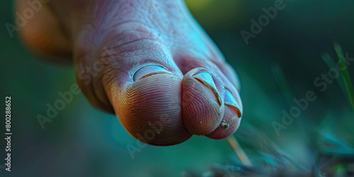 Phalangeal Fracture: The Toe Pain and Discoloration - A person holding their toe with a wince, indicating the pain and possible discoloration of a phalangeal fracture. The toe may appear swollen photo