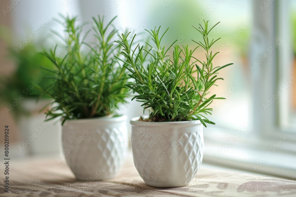 Rosemary in white pot with other herbs in background