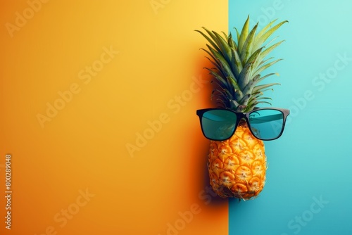Cool pineapple with sunglasses and sunblock on pastel background for text placement