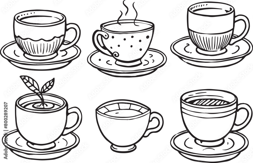 Coffee cups set. Black and white  illustration for coloring book.