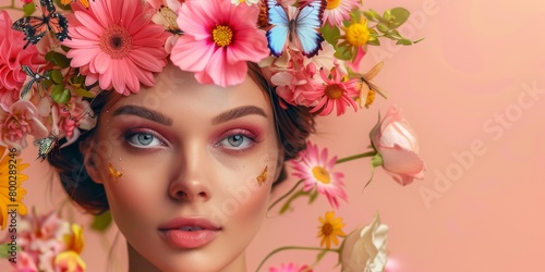 young woman with a wreath of flowers on her head Generative AI