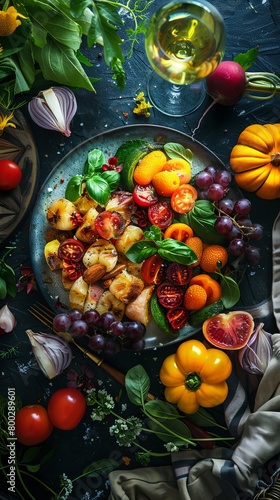 Assorted fresh vegetables and fruits on a rustic wooden table