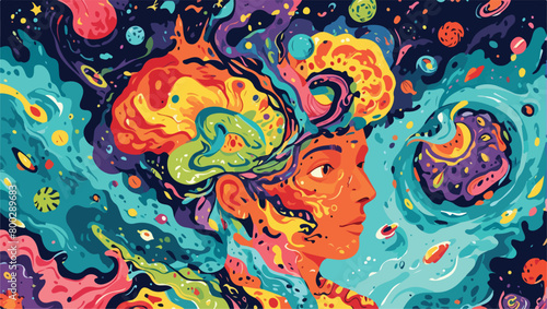 Psychedelic Art - Editable - Vector Flat Illustration - Fractal Fantasia - A Psychedelic Journey Through Swirling Colors.