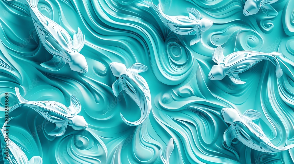 Artistic rendering of abstract fish forms, seamless pattern, teal background, stylish magazine cover, eyelevel shot Artistic rendering of abstract fish forms, seamless pattern, teal background, stylish magazine cover, eyelevel shot
