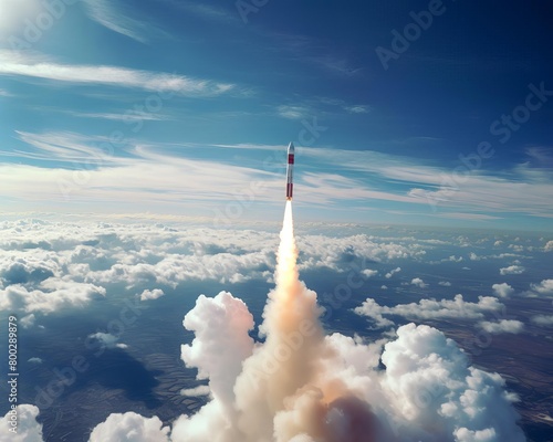 Dramatic aerial view of a rocket midflight, clear blue sky in the background, smoke trail marking its path