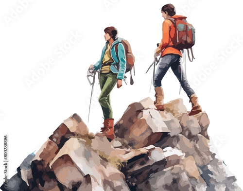 Two girls tourists in sportswear tracking in mountains. Watercolor sketch