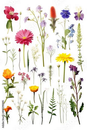 Group of various wildflowers isolated on a white background, detailed shot showing texture and natural shapes