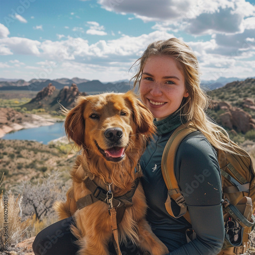 Young women with a golden retriever on a hike with a lake in the distance on a sunny day with clouds