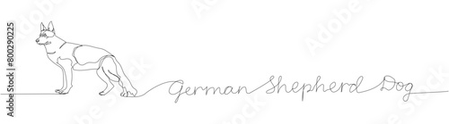 German Shepherd Dog, dog breed, shepherd dog, service dog one line art. Continuous line drawing of friend, dog, friendship, care, pet, animal, family, canine with inscription, lettering, handwritten.