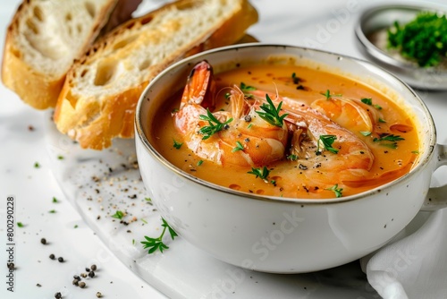 Royal prawn bisque with crusty bread Creamy soup in a cup on marble background photo