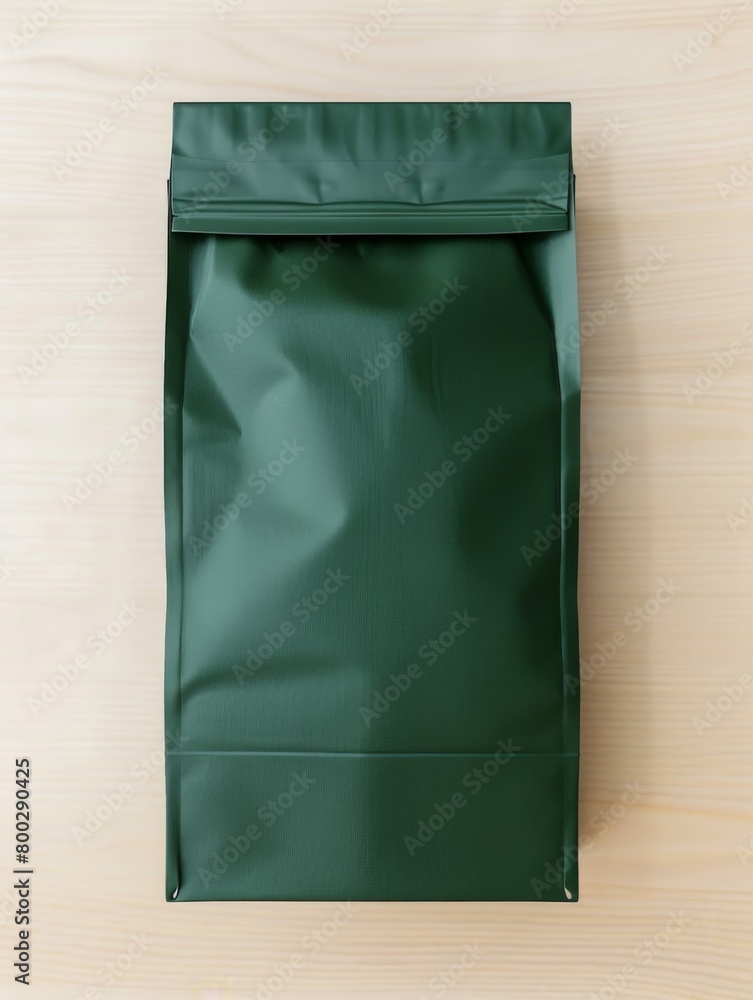 Green packaging pouch on wooden background. Mockup
