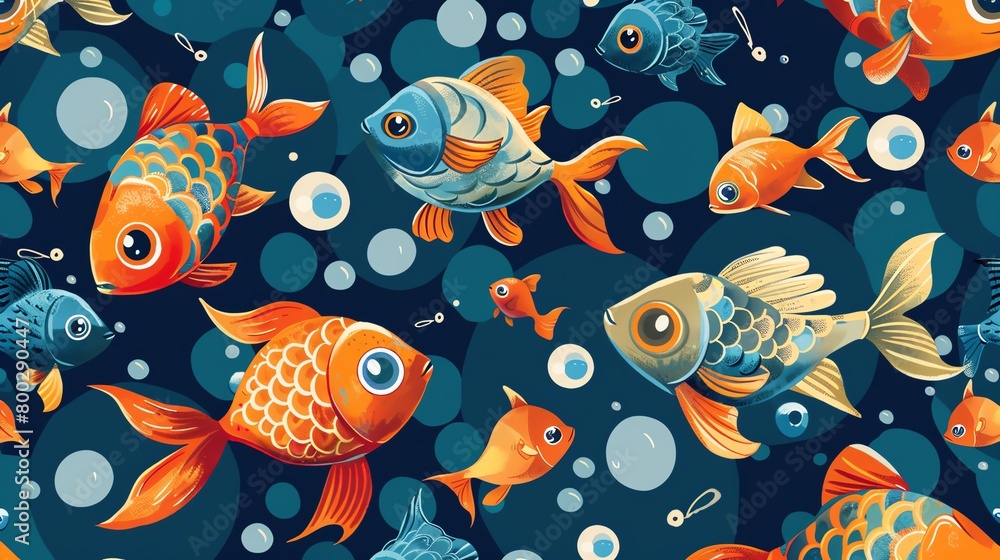 Cartoon fish seamless pattern, playful and colorful background, suitable for a children s magazine cover, aerial perspective Cartoon fish seamless pattern, playful and colorful background, suitable for a children s magazine cover, aerial perspective