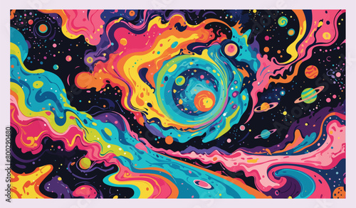 Psychedelic Art - Editable - Vector Flat Illustration - Fractal Fantasia - A Psychedelic Journey Through Swirling Colors.