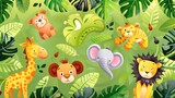 Cartoon safari animals in a seamless layout, bright background, ideal for childrens magazine cover, aerial perspective