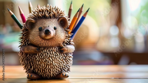 A cheerful hedgehog morphing into a spiky, fun pen holder, organizing tools for creative drawing sessions