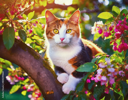 Cat Sitting on a Limb of a Blossoming Tree AI