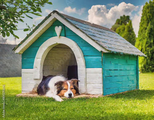 Dog Sleeping in DogHouse on Bright Summer Day AI