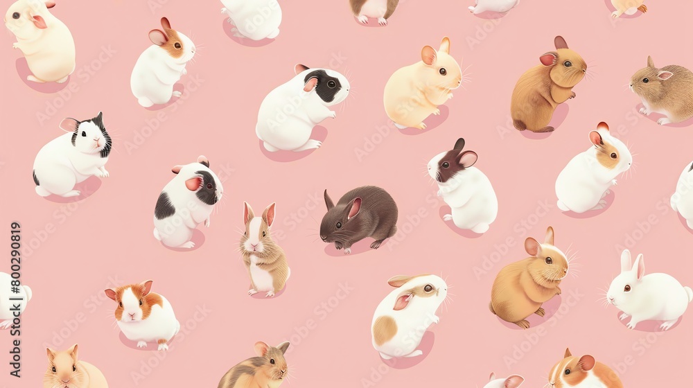 Cartoon small pets hamsters, guinea pigs, rabbits in a seamless vector pattern, pastel pink background, cute magazine cover, topdown view