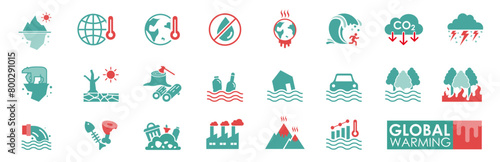 Global warming Icon set Solid icon simple style. Vector illustration Contains CO2, thunderstorm, world, destroy, Factory, Iceberg, Polar bear
