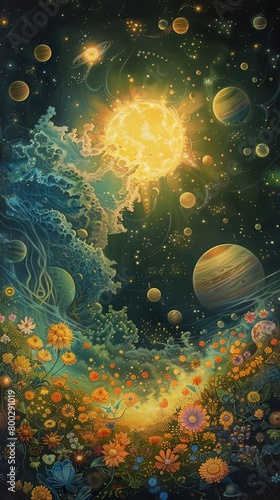 A cosmic garden where planets serve as flowers, orbiting in harmonious patterns around a luminous sun © Shutter2U