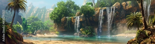 A desert oasis, a mirage of paradise, with waterfalls and lush greenery hidden amongst the sands photo
