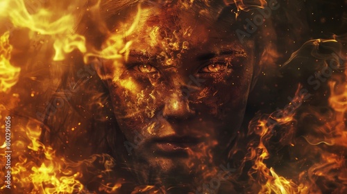 An anguished expression framed by flames, illustrating the scorching effect of heat, Fire element, photo