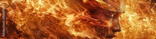 An anguished expression framed by flames, illustrating the scorching effect of heat, Fire element,