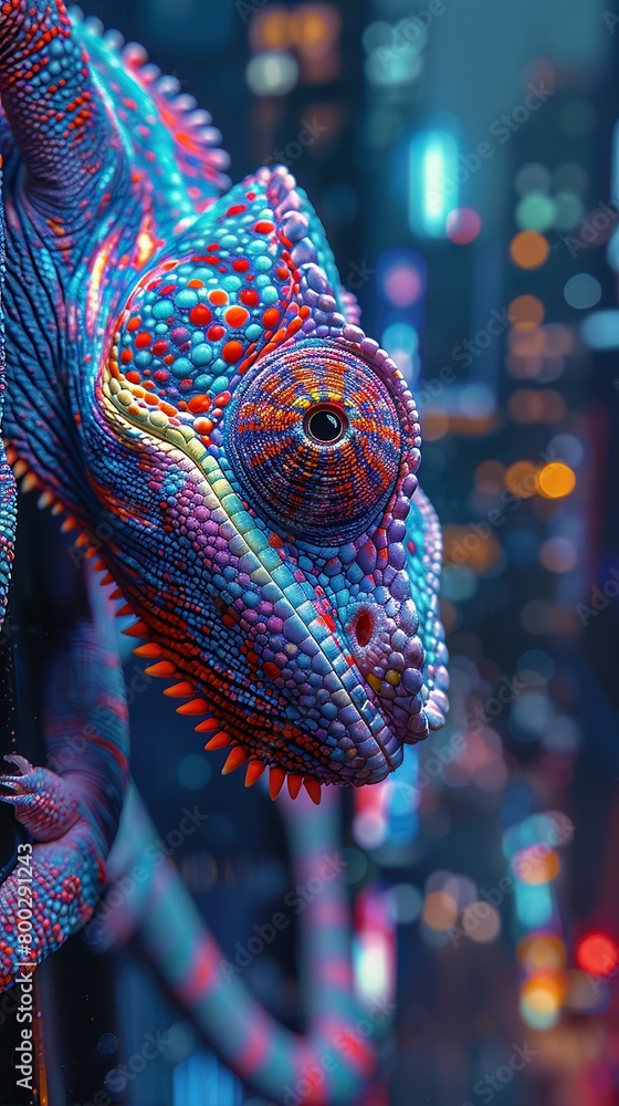 Obraz premium A chameleon with adaptive camouflage skin blending into a neon cityscape, spying from above