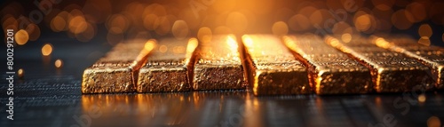 Golden bars forming an upward staircase on a financial newspaper, metaphor for escalating market value photo