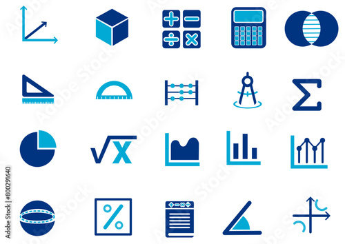 Mathematics icon set. Containing math, geometry, calculator, statistics, angle, pie chart, calculation and more. Solid vector icons collection.