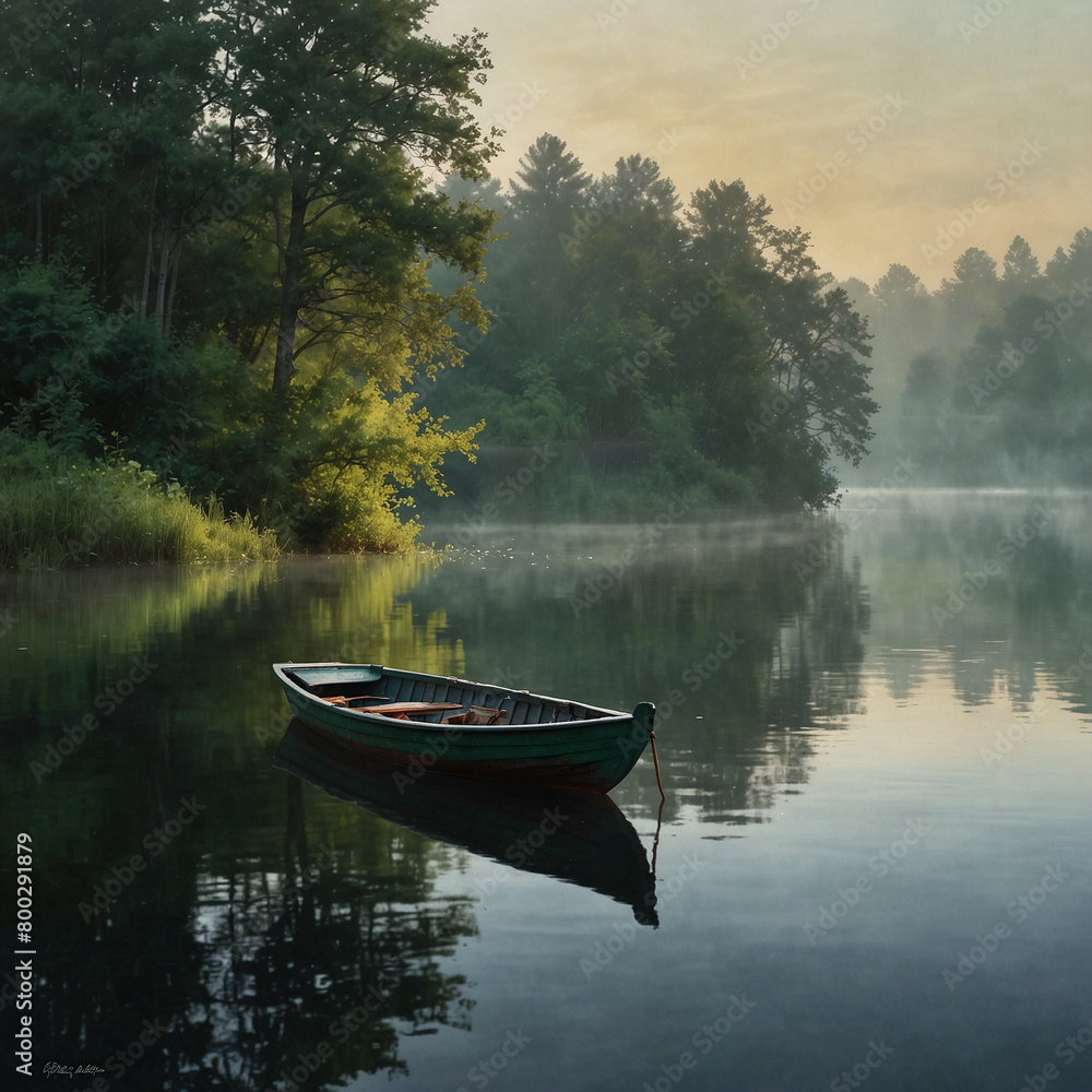 Serene Misty Waterscape: Boat Floating on Calm Waters