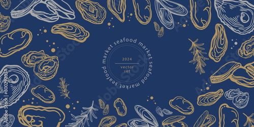 Isolated vector set of seafood. Mussels. Oysters. Hand drawn seafood delicacy, restaurant and marine cafe menu. Design template.